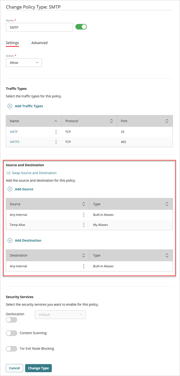 Screenshot of the Firewall Policy settings page in the Change Policy Type workflow with the Source and Destination section highlighted.