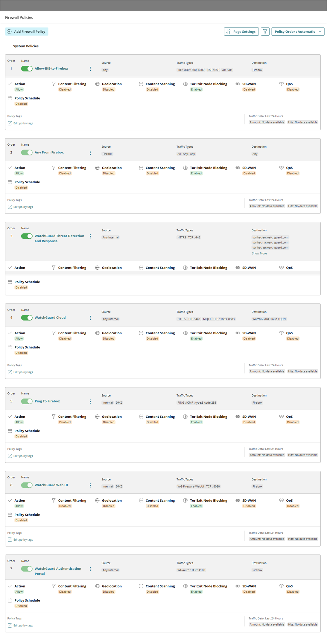 Screen shot of the System Policies list