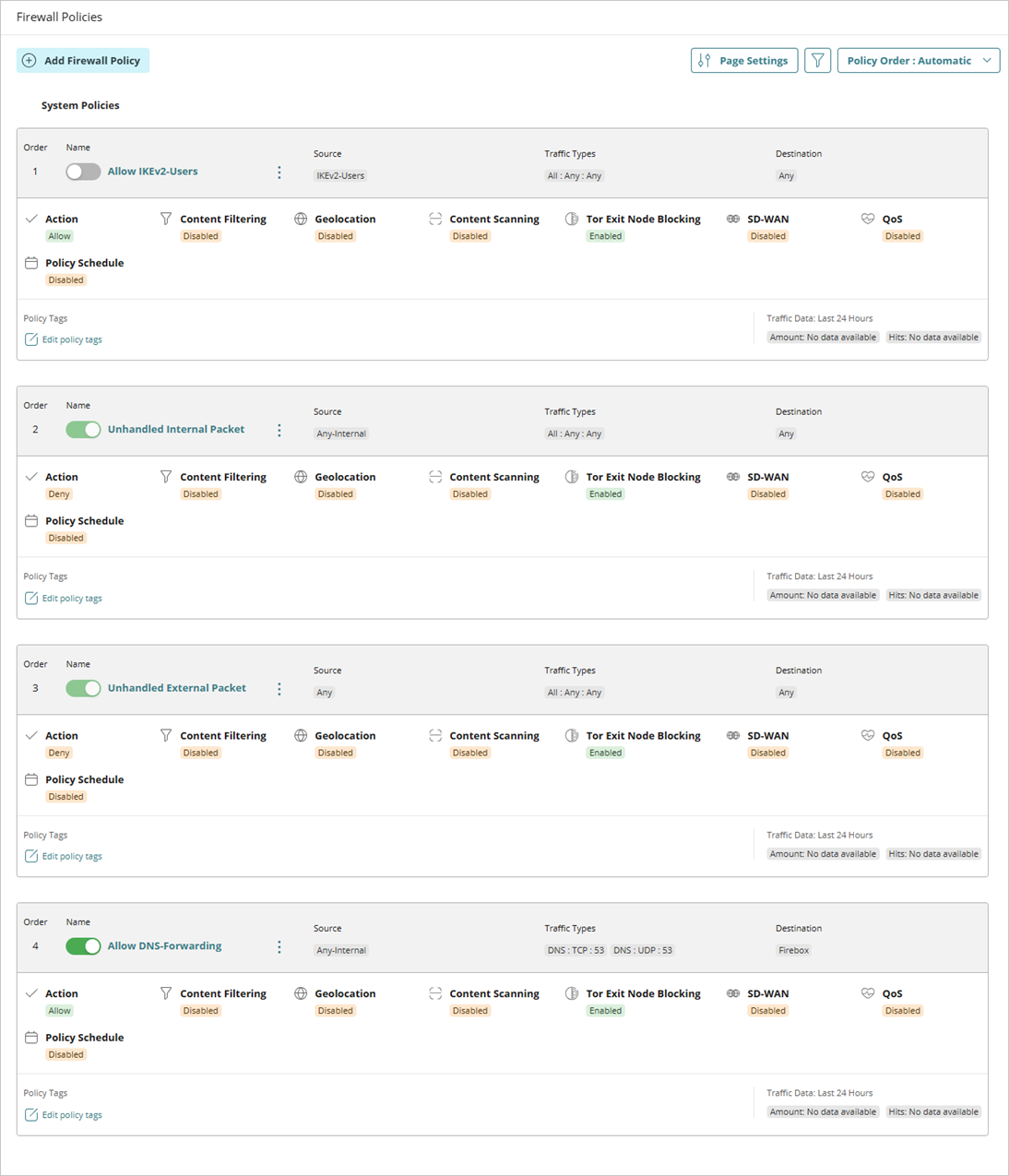 Screen shot of the low-priority System Policies list
