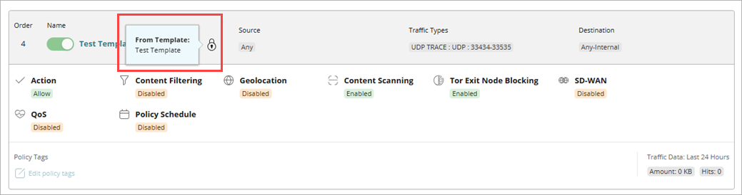 Screenshot of the Firewall Policies page with a policy inherited from a Firebox template
