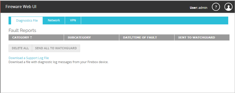 Screenshot of the local Fireware Web UI and download support log file option for a cloud-managed Firebox
