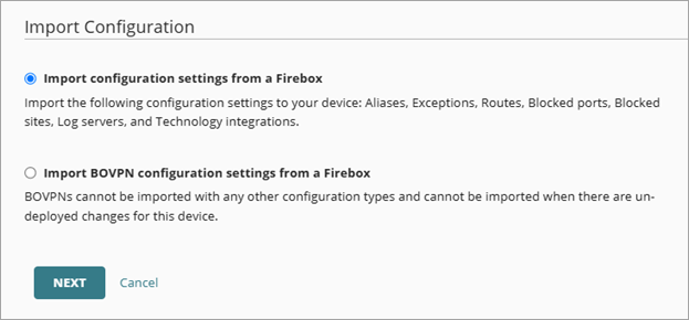 Screenshot of the Import Configuration wizard selection screen