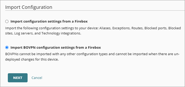 Screenshot of the Import Configuration selection screen