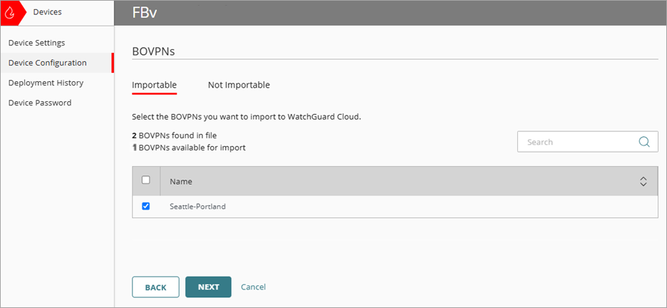 Screenshot of the Importable page with BOVPN selected
