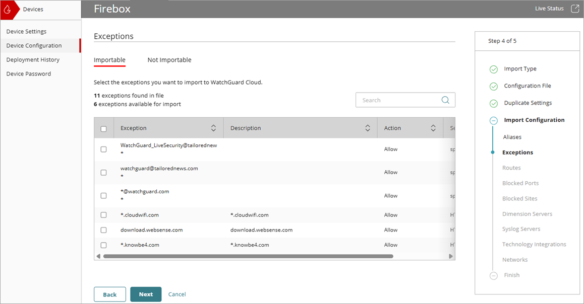 Screenshot of the Import Configuration wizard, Exceptions page