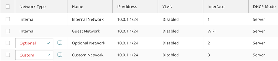 Screenshot of the Import Configuration Wizard, Networks page with unsupported Optional and Custom networks