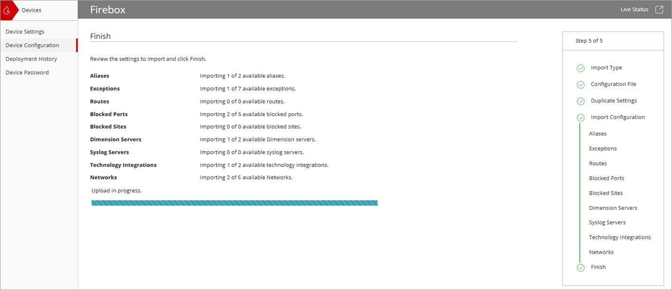 Screenshot of the Import Configuration wizard, Upload in Progress bar