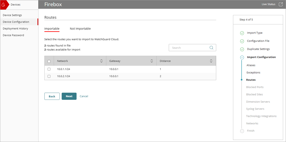 Screenshot of the Import Configuration wizard, Routes page