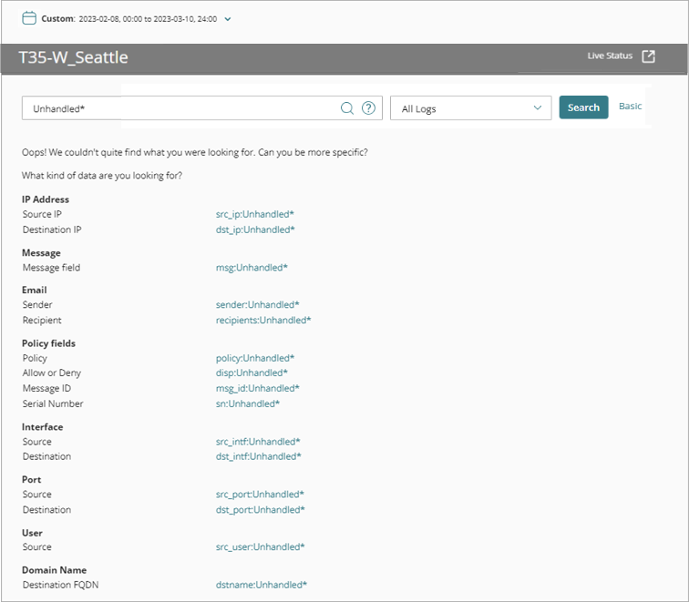Screenshot of the Log Search page with search assistance