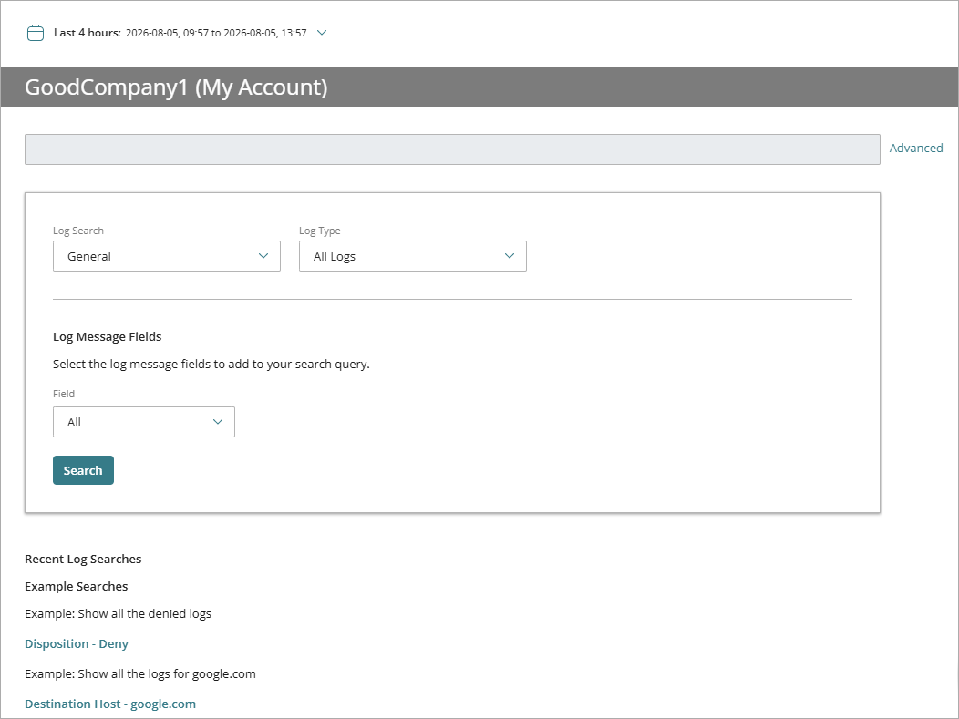 Screenshot of the Log Search page with recent log searches and example searches