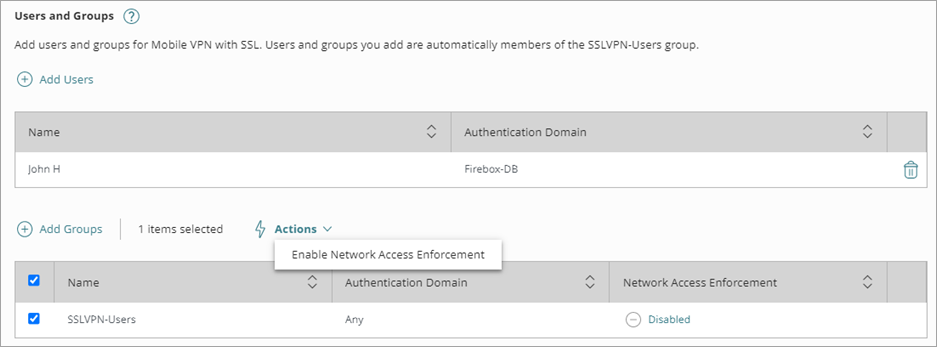 Screenshot of Enable Network Access Enforcement UI