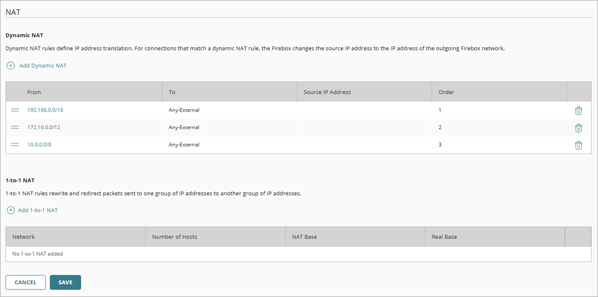 Screen shot of the NAT configuration page