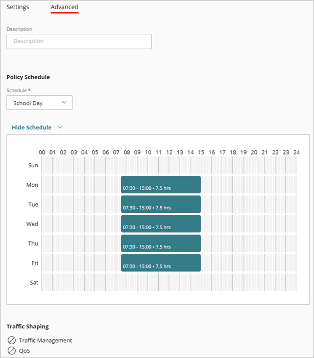 Screenshot of a policy schedule in the Advanced page in the firewall policy configuration