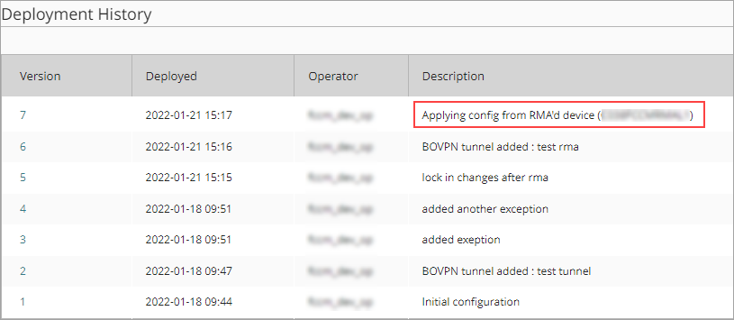Screenshot of the Deployment History and RMA listing