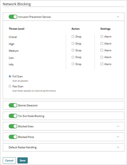 WatchGuard Cloud screen shot of Network Blocking IPS options