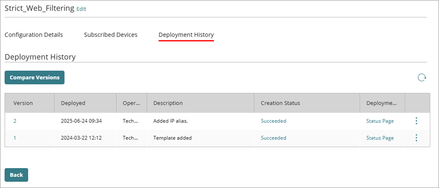 Screen shot of the Deployment History tab for a template