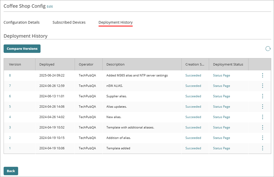 Screenshot of the Deployment History page