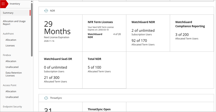 Screenshot of Inventory Summary for NDR in WatchGuard Cloud