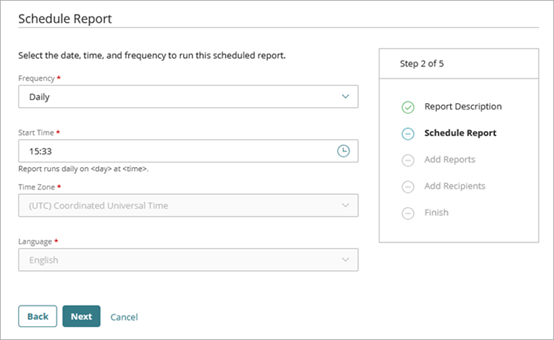 Screenshot of the Schedule Report page, Step 3, in the Add a Scheduled Report Wizard