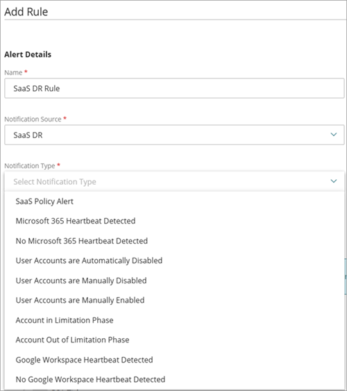 Screenshot of the Add Rule page for WatchGuard SaaS DR in WatchGuard Cloud