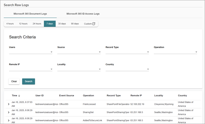 Screenshot of the Search Raw Logs page in NDR with a WatchGuard SaaS DR license