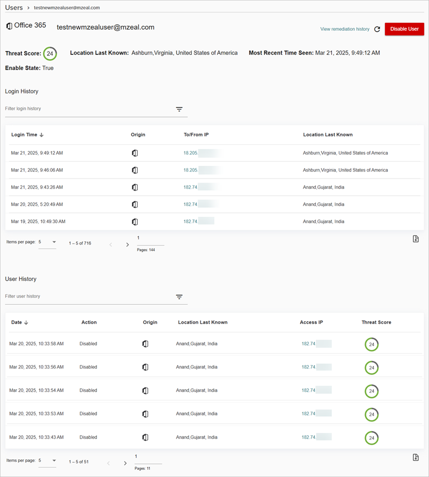 Screenshot of the Users Details page in NDR available with a SaaS license