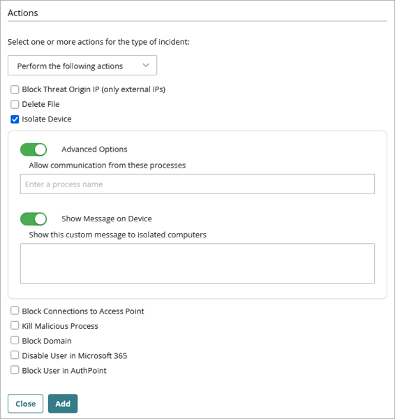 Screenshot of Isolate Device Advanced Options section on the Add Policy page.