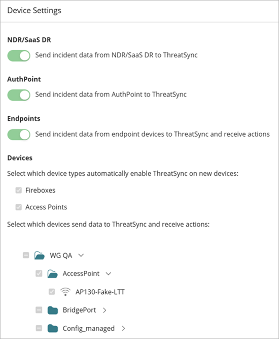 Screenshot of ThreatSync Device Settings page