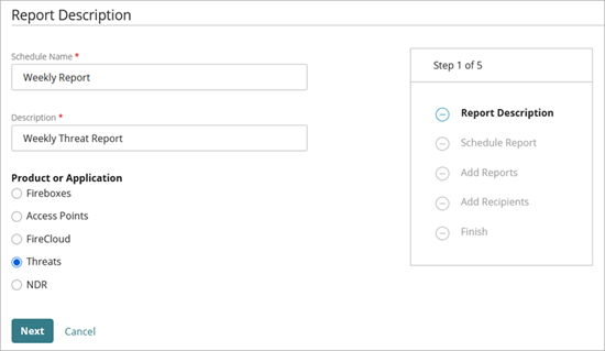 Add a Scheduled Report Wizard, Step 1 - Report Description