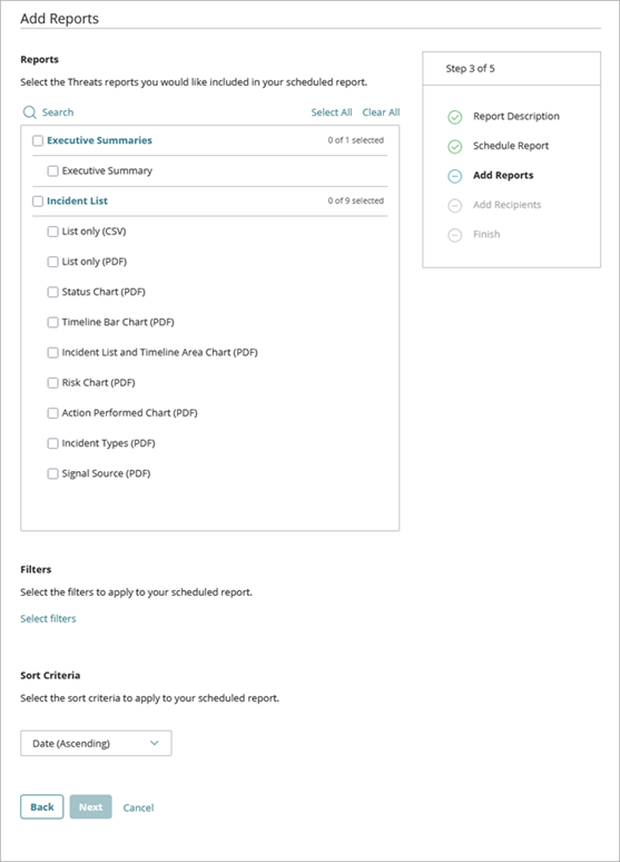Screenshot of the Add Reports page in the Add a Scheduled Report Wizard, step 2