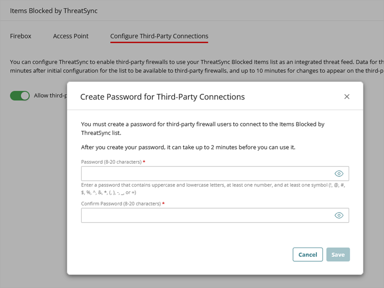 Screenshot of the Create Password for Third-Party Connections dialog box. 