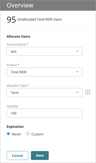 Screenshot of the Allocation Overview page in NDR for a Total XDR user allocation