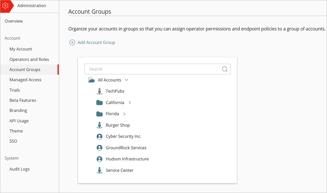 Screen shot of Account Groups page in WatchGuard Cloud