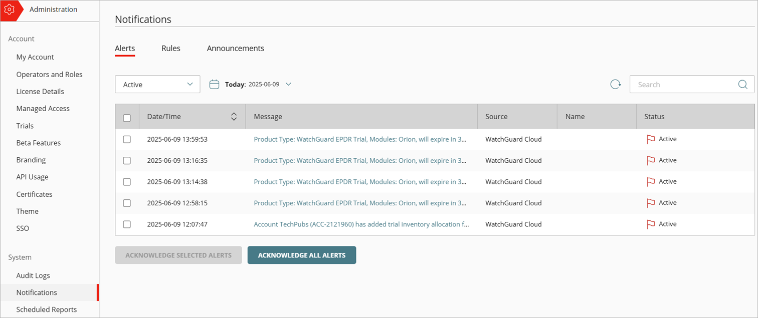 Screen shot of WatchGuard Cloud Notifications - Alerts page