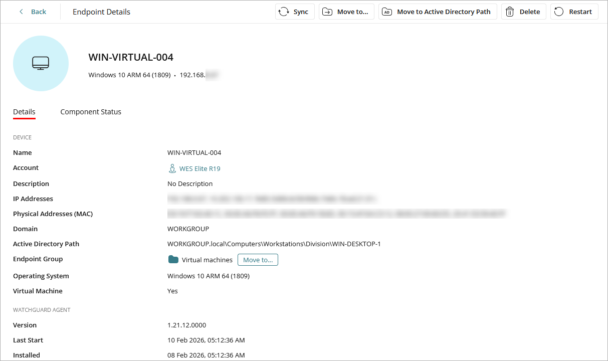 Screen shot of Endpoint Details page in WatchGuard Cloud
