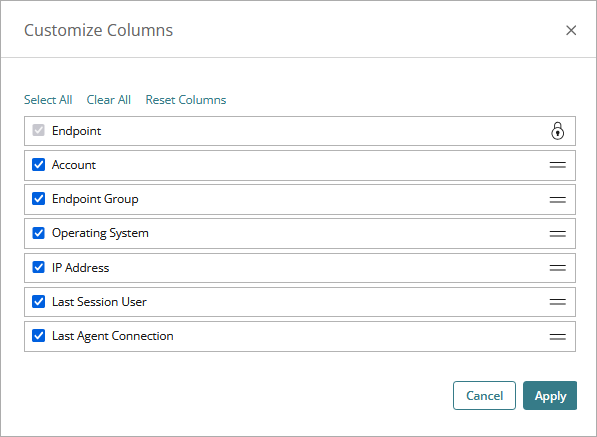 Screen shot of Endpoints page, Customize Columns dialog box