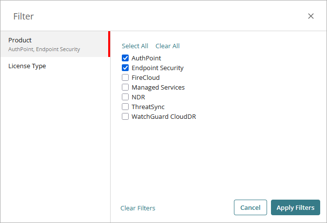 Screen shot of Filter dialog box for Allocation and Usage Report in WatchGuard Cloud