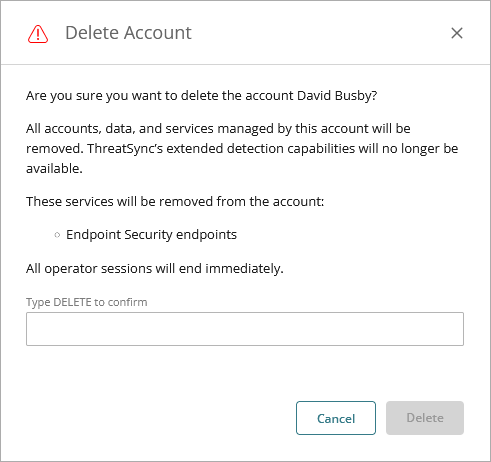 Screen shot of WatchGuard Cloud Delete Account dialog box