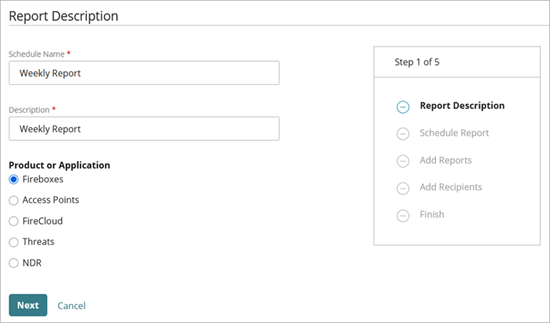 The Create Schedule wizard, Report Description step