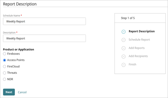 The Create Schedule wizard, Report Description step