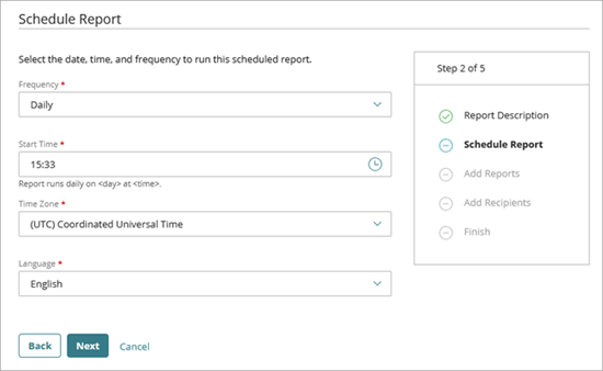 Screenshot of the Schedule Report page, Step 3, in the Add a Scheduled Report Wizard