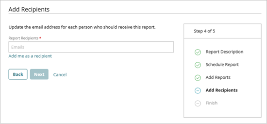 Screenshot of the Add Recipients page, Step 4, in the Add a Scheduled Report Wizard