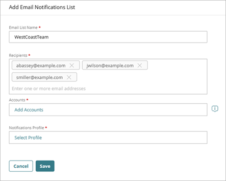 Screen shot of the Add Email Notifications List page