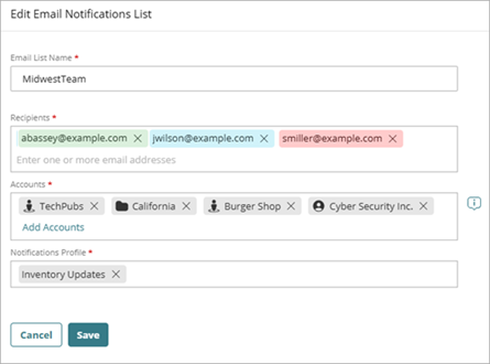 Screenshot of the Edit Email Notifications List page