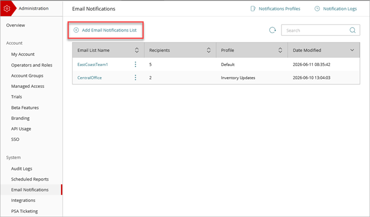 Screen shot of the Email Notifications page