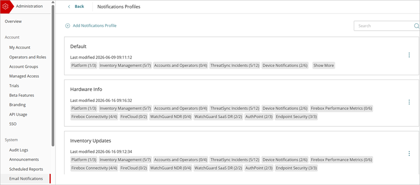 Screen shot of the Notifications Profiles page