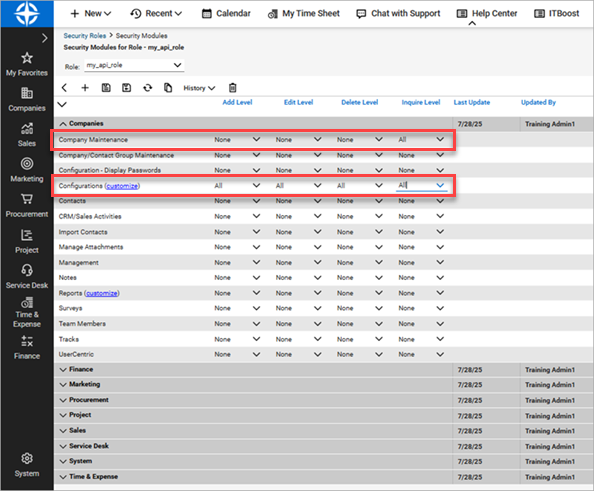 Screen shot of the ConnectWise new security settings page