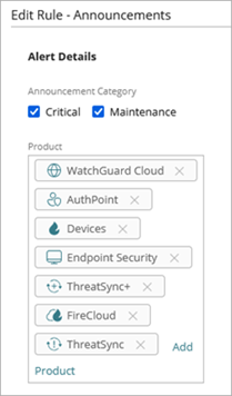 Screen shot of the Edit Rule page for Announcements notification rules