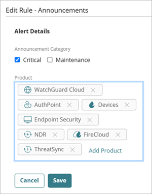 Screen shot of the Edit Rule page for Announcements notification rules