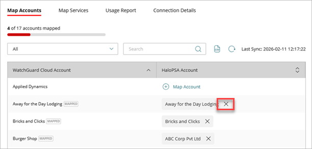 Screen shot of the PSA Integration Map Accounts list with the remove icon